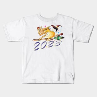 Cat Riding Broom New Year 2023 Kids T-Shirt